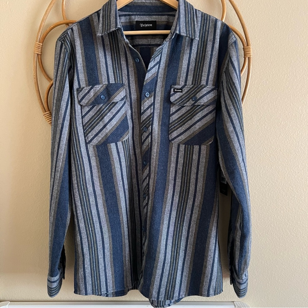 Brixton Bowery Flannel Long Sleeve Button Down Shirt Blue & Grey Large
